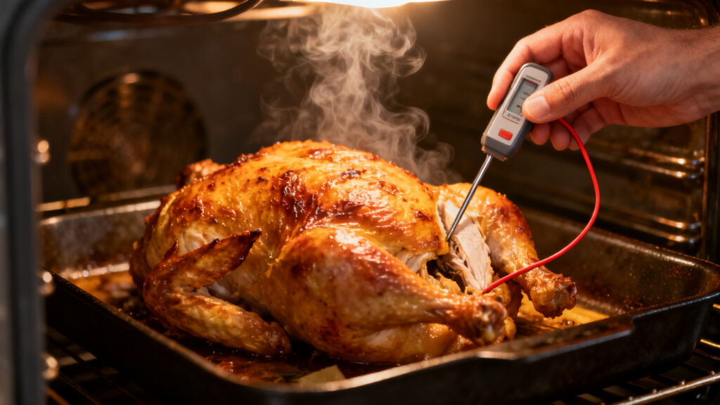 Thermomètre de cuisine au plus épais de la cuisse, 75°C à cœur