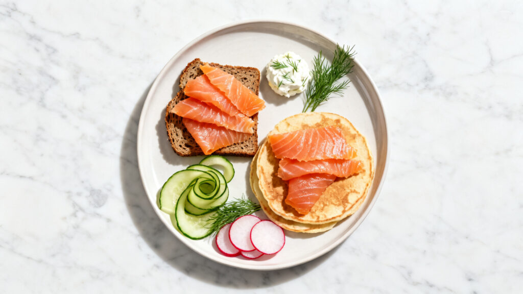 Truite fumée avec crudités, blinis et crème citronnée