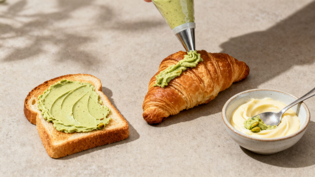 Tartine, croissant garni et crème pâtissière pistache