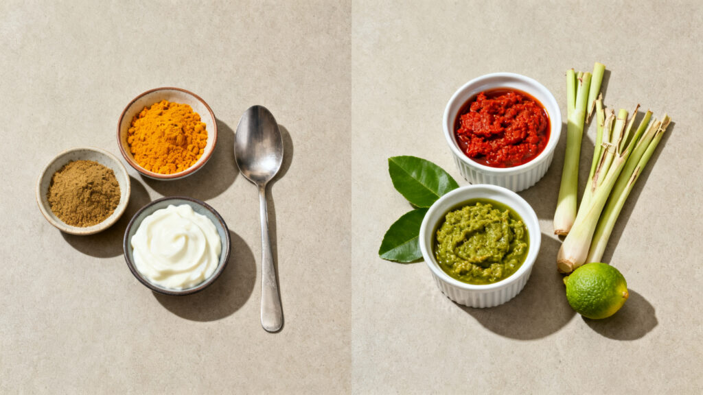 Épices indiennes et pâte de curry thaï côte à côte