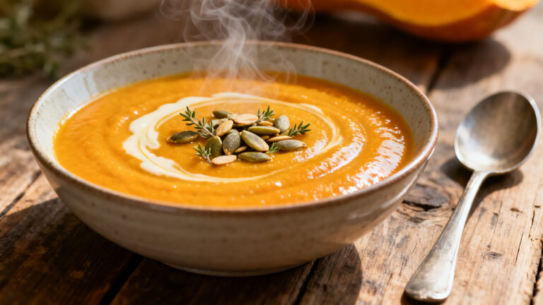 Bol de velouté de butternut crémeux avec graines de courge
