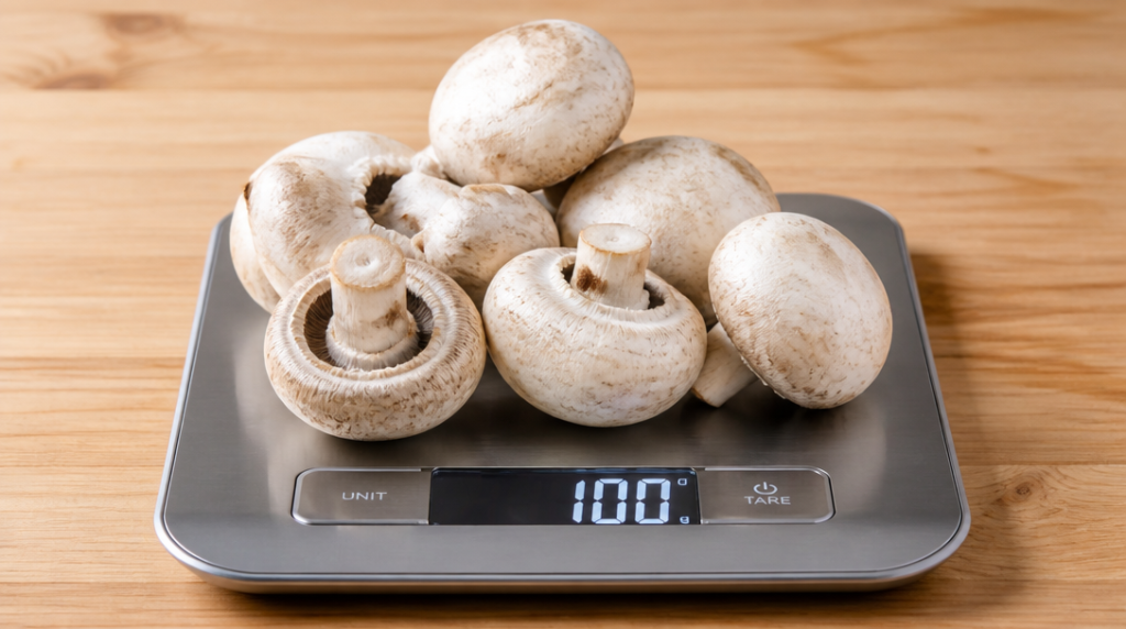 100 g de champignons de Paris crus sur une balance