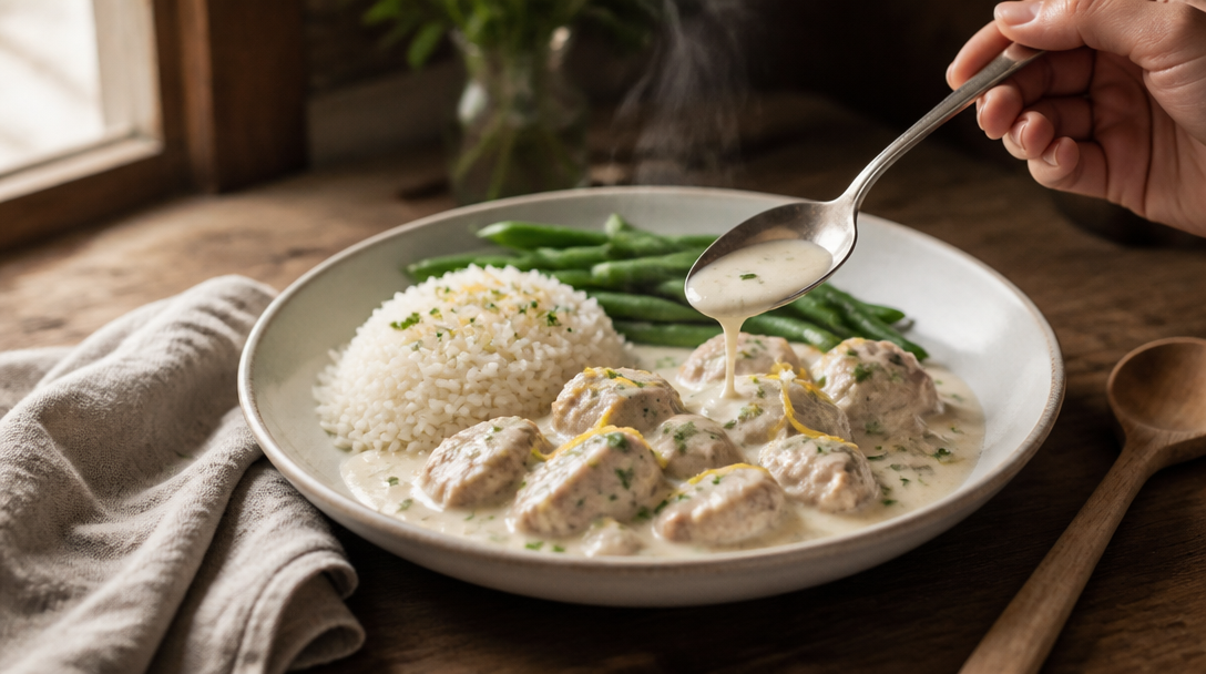 Assiette de blanquette et riz, accompagnement pour la blanquette de veau