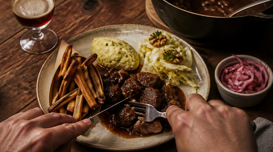 Assiette de carbonade avec accompagnement pour carbonade flamande varié