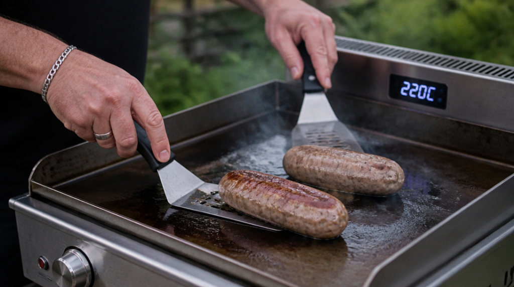 Andouillette à la plancha 200-230&nbsp;°C, retournements fréquents