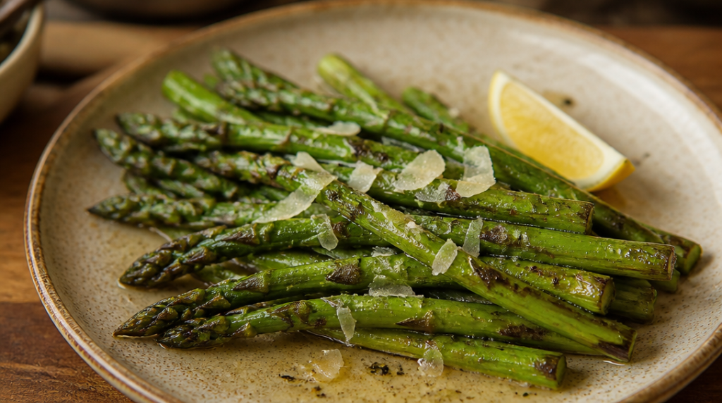 Asperges vertes poêlées, finition citron ou parmesan
