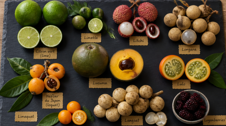 Assortiment de fruits en L avec étiquettes : lime, litchi, longane, loquat