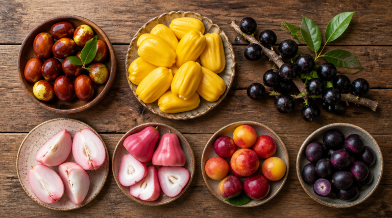 Assortiment de fruits en J sur une table en bois