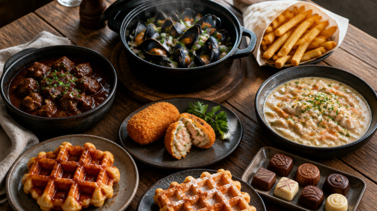 Assortiment de spécialités belges salées et sucrées sur table