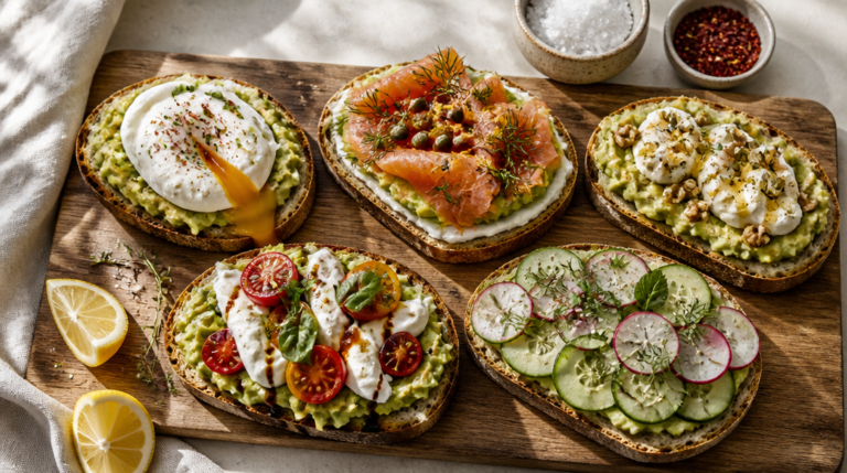 Assortiment d’avocado toasts aux toppings variés, vue plongeante