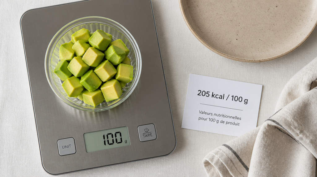 Balance affichant 100 g et 205 kcal pour l’avocat