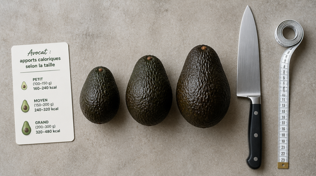 Trois avocats entiers avec poids nets et calories