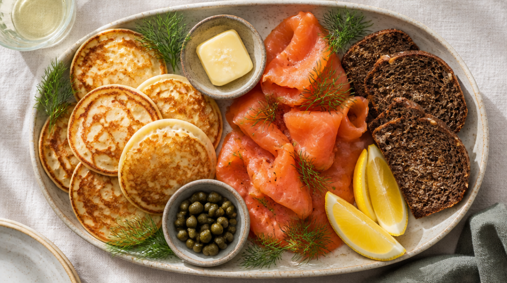 Blinis et pain de seigle avec saumon fumé et câpres