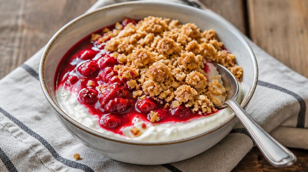 Bol cheesecake protéiné au skyr avec coulis et crumble