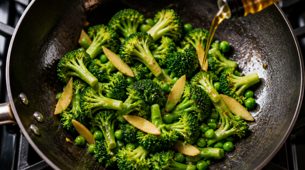 Brocoli et petits pois au wok, gingembre et sésame