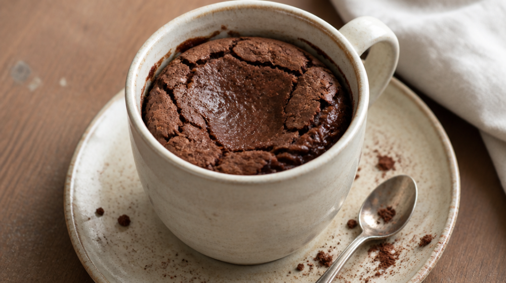 Brownie protéiné en mug, surface craquelée et brillante au centre