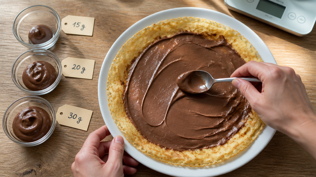 Crêpe fine avec portions 15 g, 20 g, 30 g pour estimer les calories crêpe Nutella
