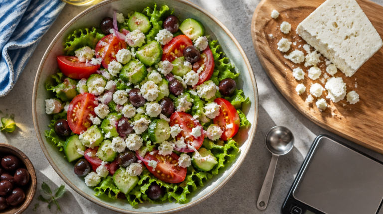 Salade grecque, feta émiettée et repères calories feta