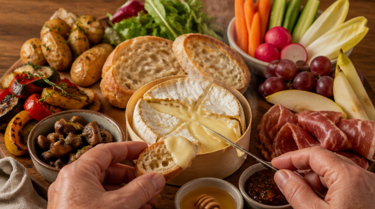 Plateau d’accompagnement pour camembert au four avec pain, légumes et charcuterie