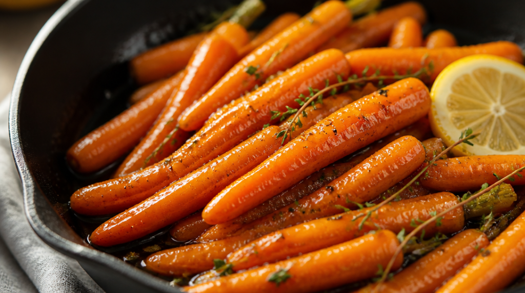 Carottes braisées glacées au miel et thym, brillance appétissante