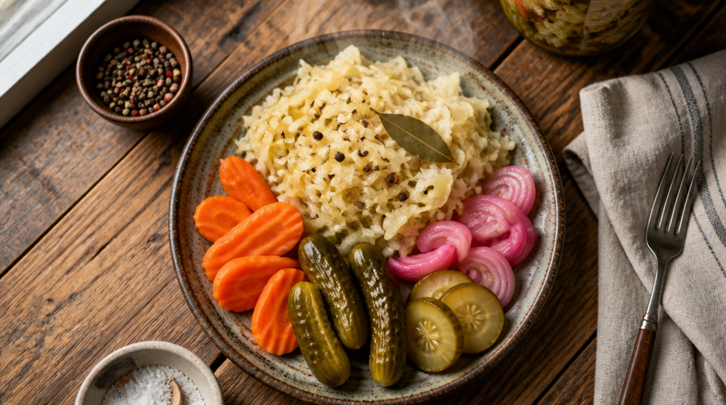 Choucroute et pickles acidulés, contraste pour andouillette
