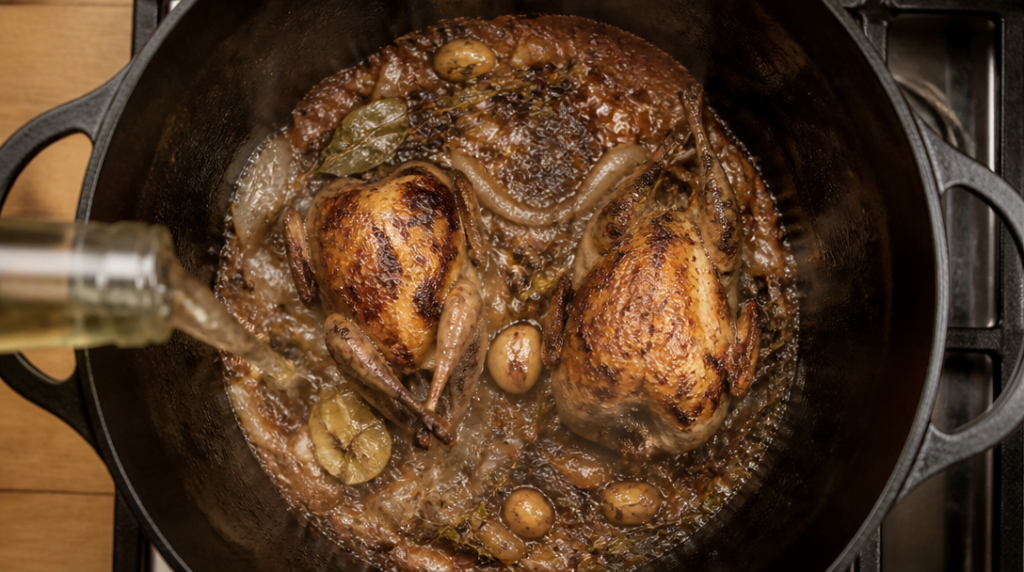 Cuisson cailles en cocotte, dorure et mijotage doux