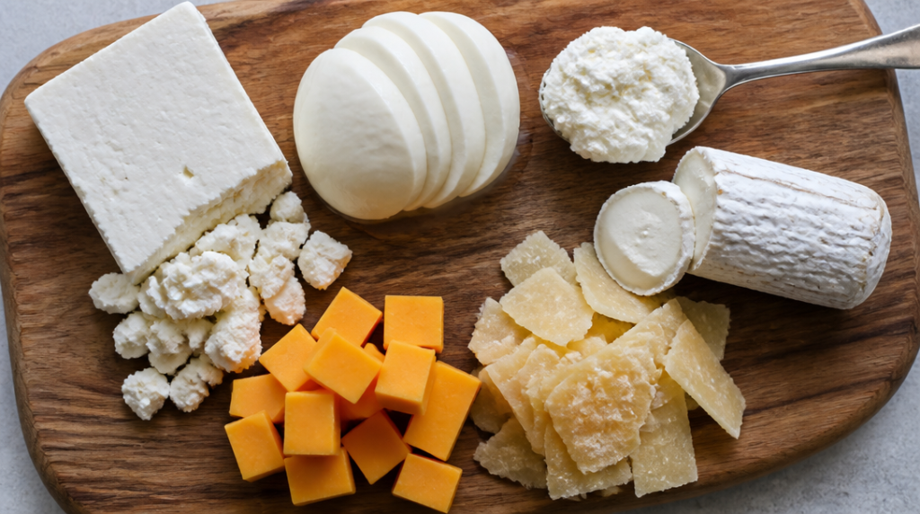 Planche de fromages variés pour comparer les calories
