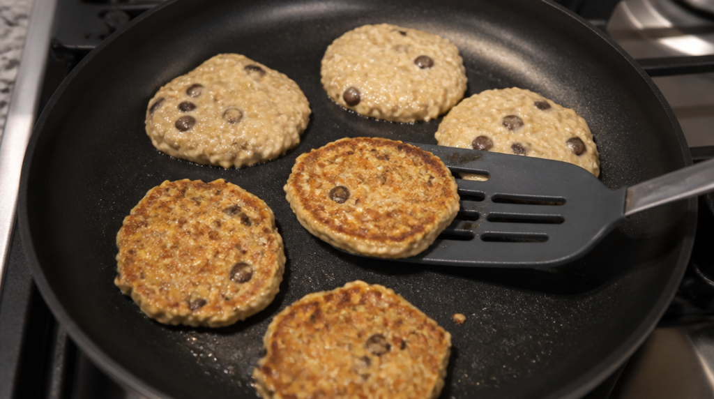 Cookies protéinés dorés à la poêle, dessous bien coloré