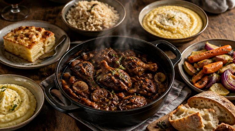 Assortiment d’accompagnements pour coq au vin sur table rustique