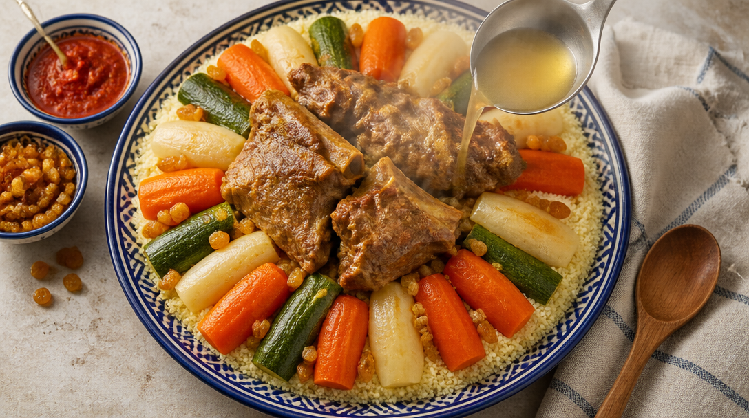 Couscous d’agneau dressé avec semoule et légumes