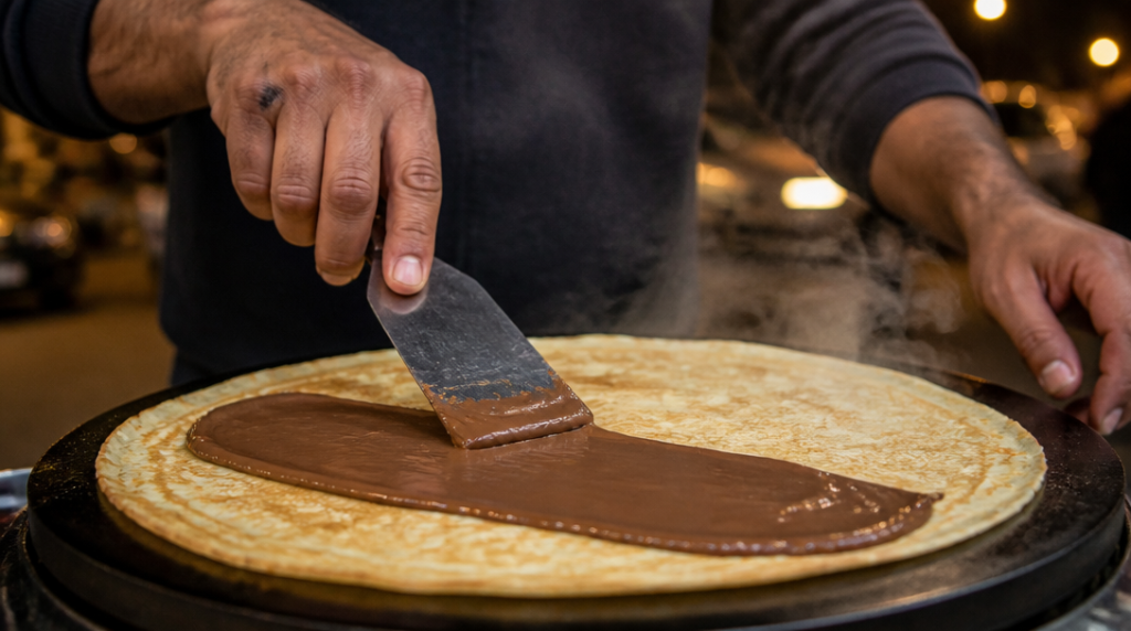 Grande crêpe de fête foraine avec couche épaisse de garniture
