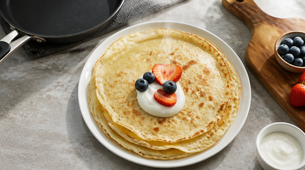 Crêpes protéinées fines et dorées sur assiette