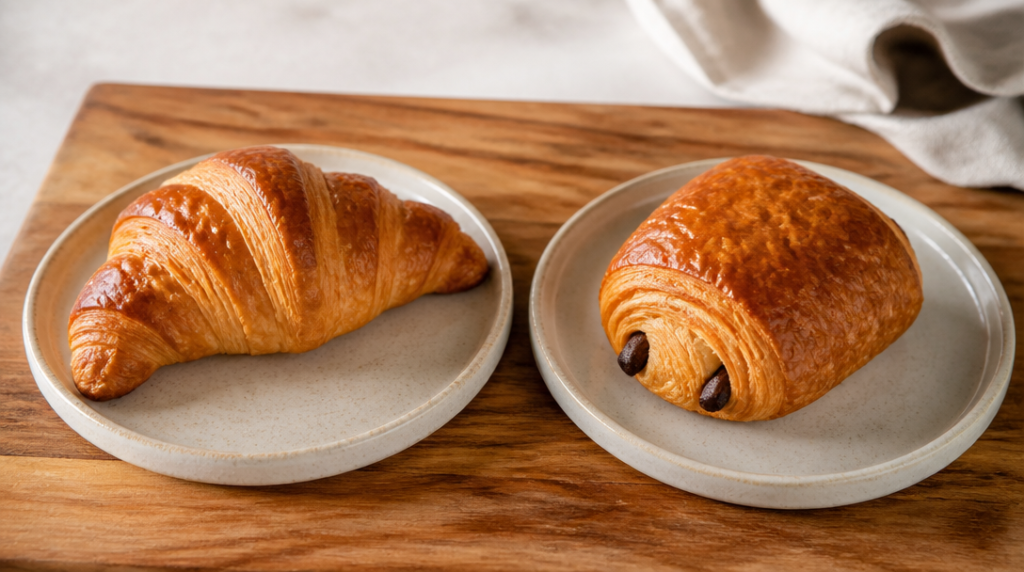 Croissant et pain au chocolat côte à côte, calories comparées