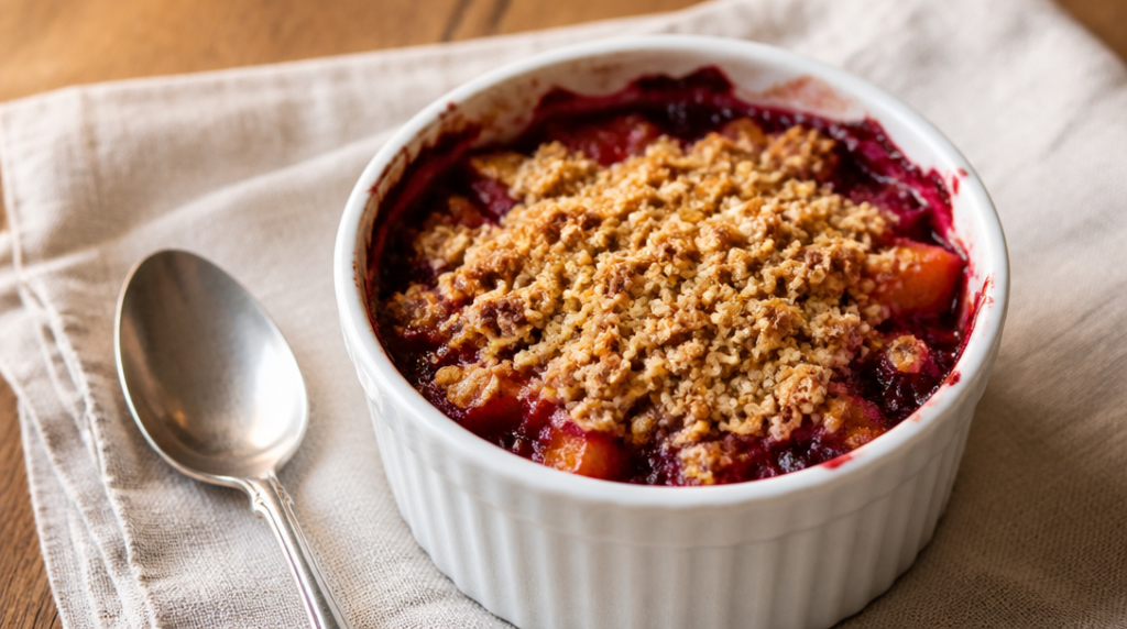 Crumble protéiné aux fruits, bords bouillonnants et dessus doré