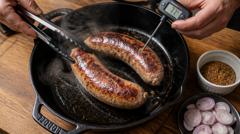 Cuisson de l’andouillette à la poêle, sonde à 71&nbsp;°C