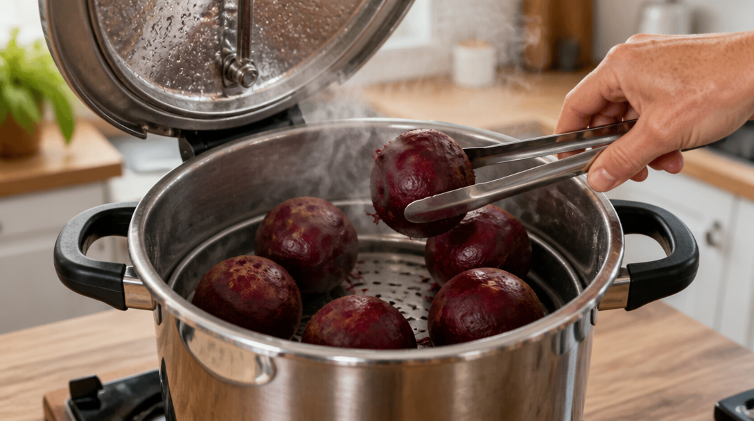 Cuisson des betteraves rouges en cocotte-minute dans un panier vapeur