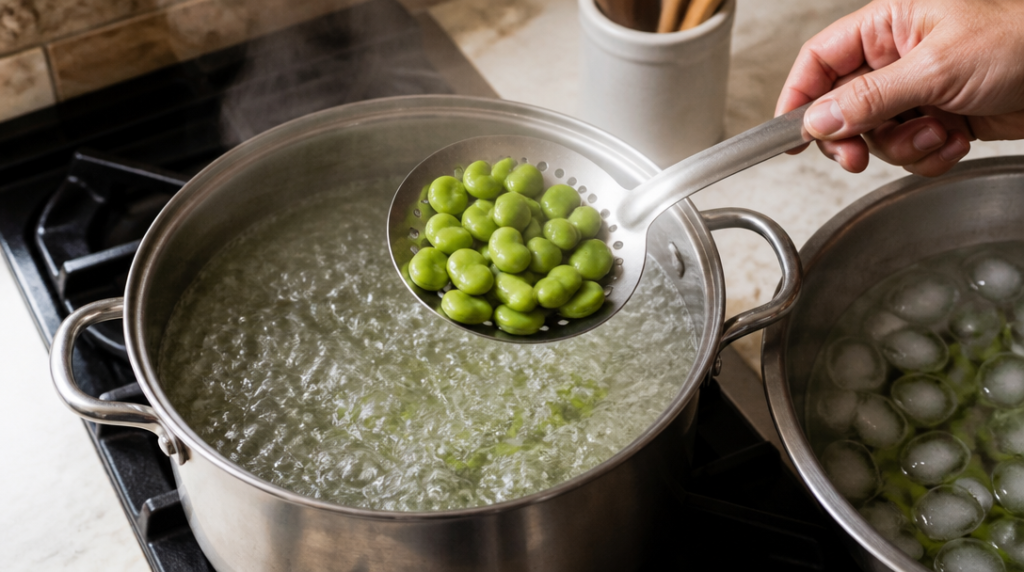 Cuisson des fèves pelées à l’eau, arrêt à l’eau glacée