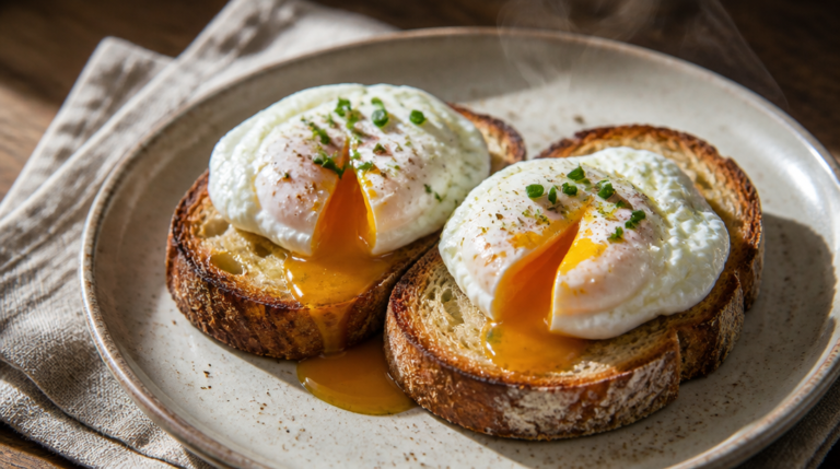 Cuisson des œufs pochés avec jaunes coulants sur toast
