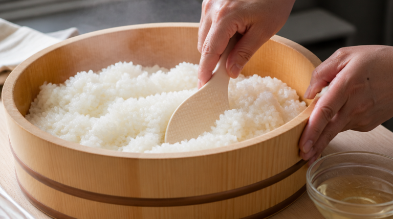 Cuisson du riz à sushi, grains nacrés mélangés au shamoji