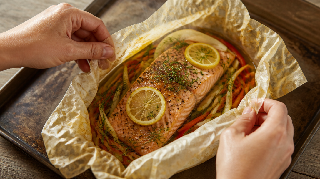 Papillote ouverte illustrant la cuisson du saumon en papillote