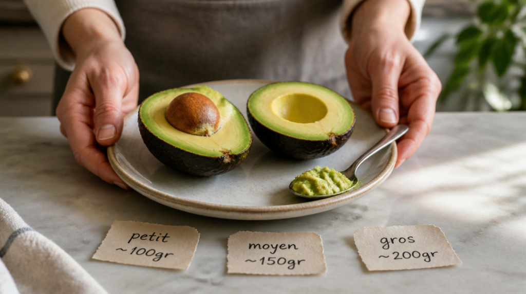Demi avocat avec estimations kcal petit, moyen, gros