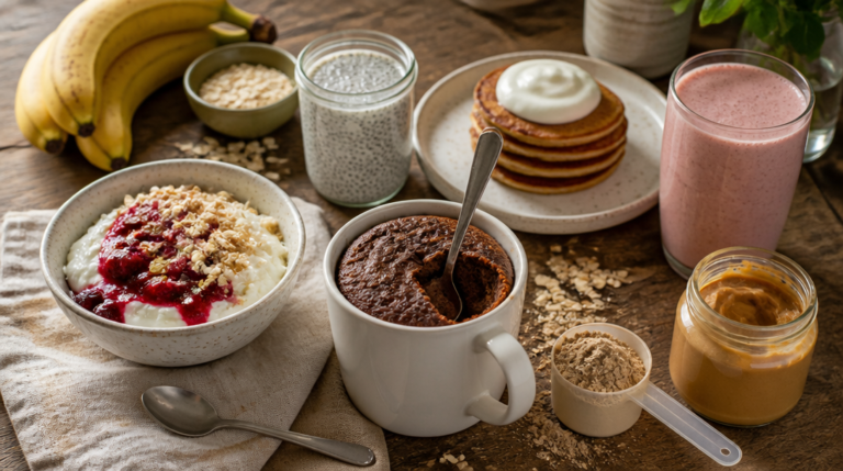 Assortiment de desserts protéinés rapides sur une table