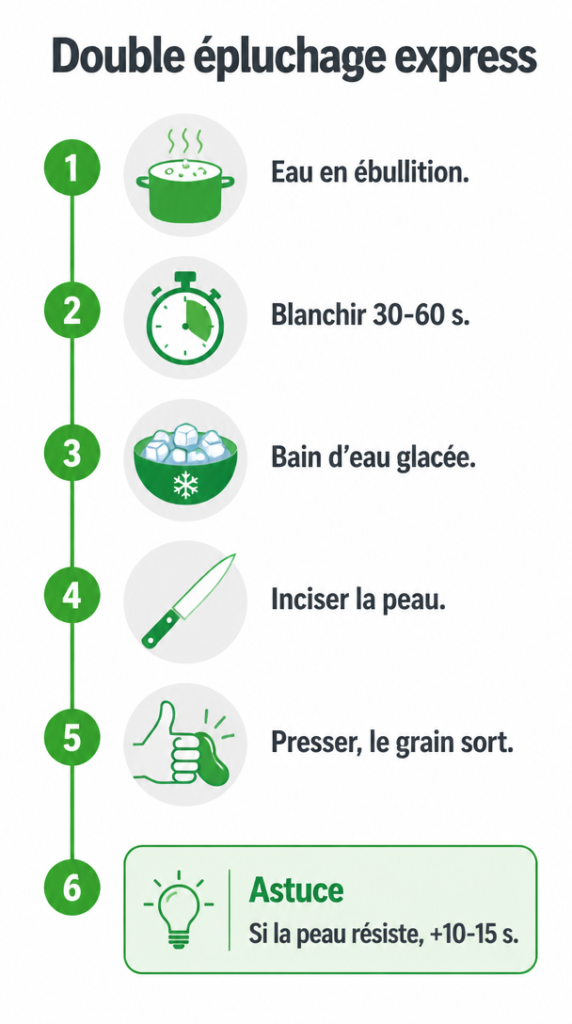 Étapes pour blanchir les fèves et ôter la peau
