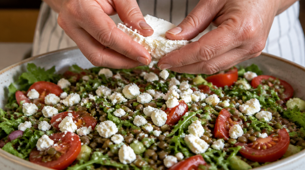 Mains émiettant la feta pour une portion maîtrisée