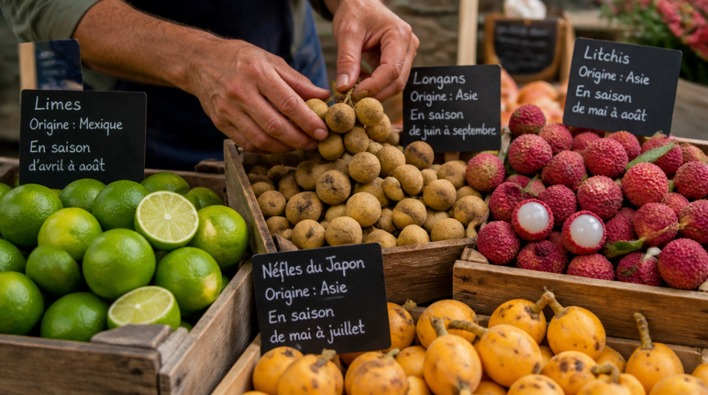 Sélection de fruits en L avec étiquettes d’origine et saison