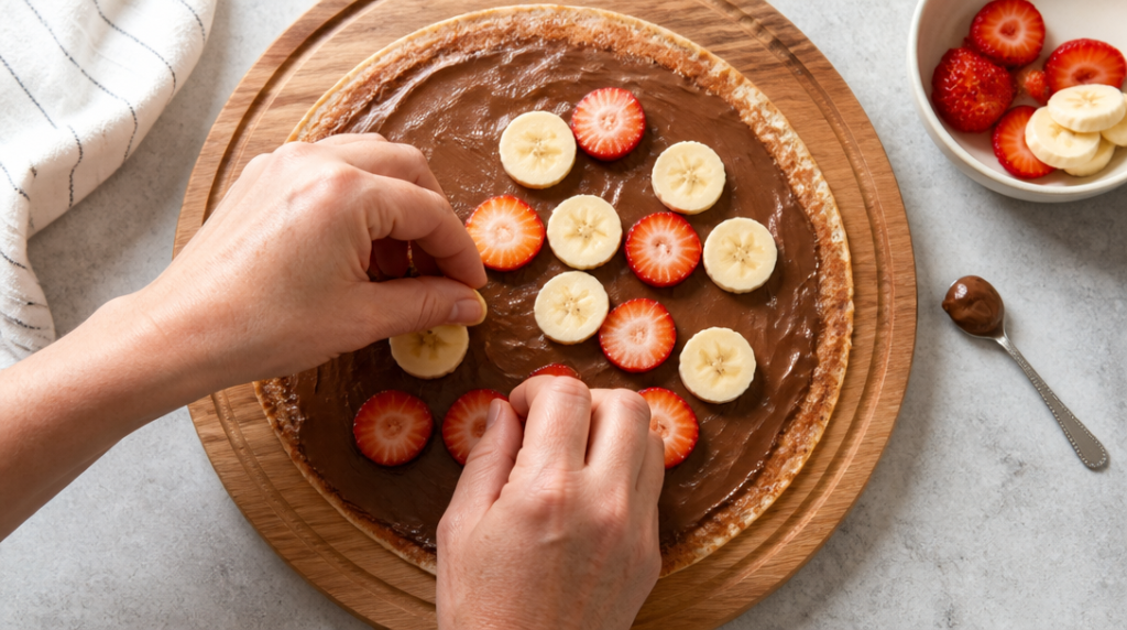 Crêpe fine, portion de Nutella mesurée, banane et fraises pour alléger