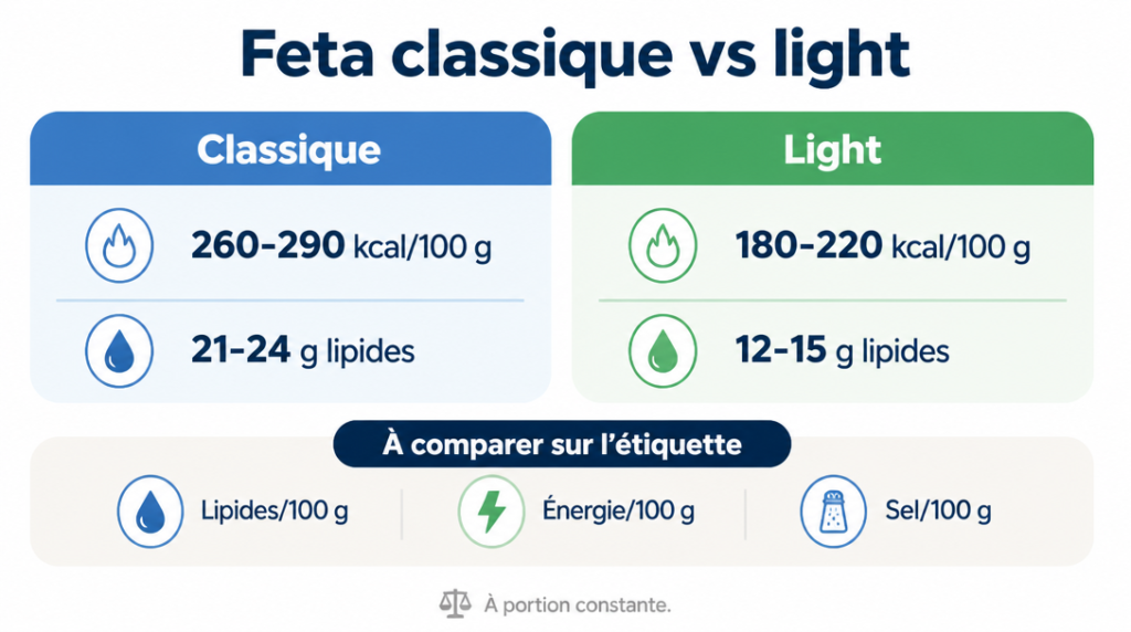 Comparatif calories et lipides&nbsp;: feta classique et light