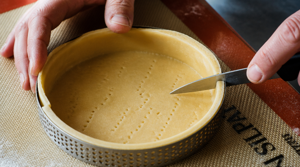 Fonçage de pâte sucrée 2-3 mm dans cercle perforé