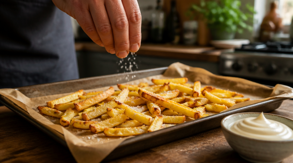 Frites maison au four croustillantes avec bol de mayo