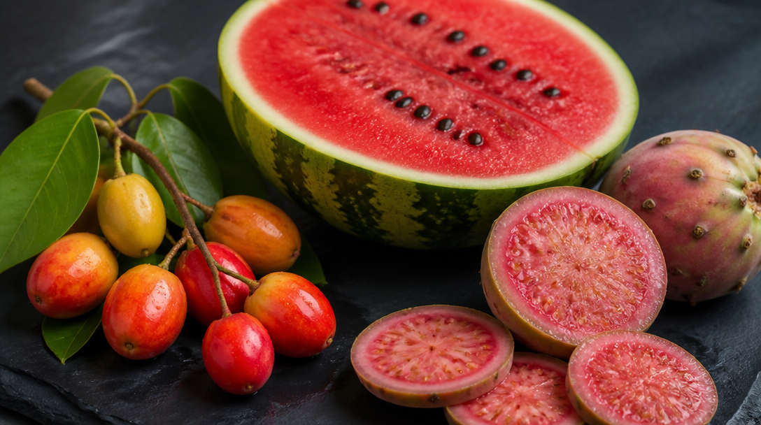 Trois fruits en X : Ximenia, Xigua et Xoconostle sur ardoise